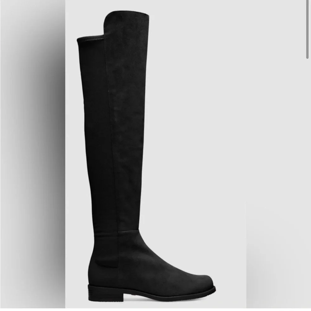 New Stuart Weitzman 5050 Suede Riding Boots Knee High Black Low Heel Sz 5.5